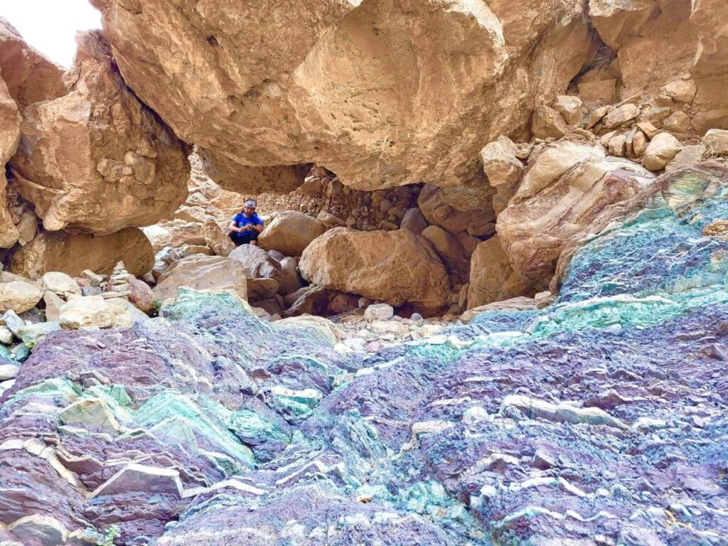 Colourful layered rock formations at Rainbow Valley in Fujairah